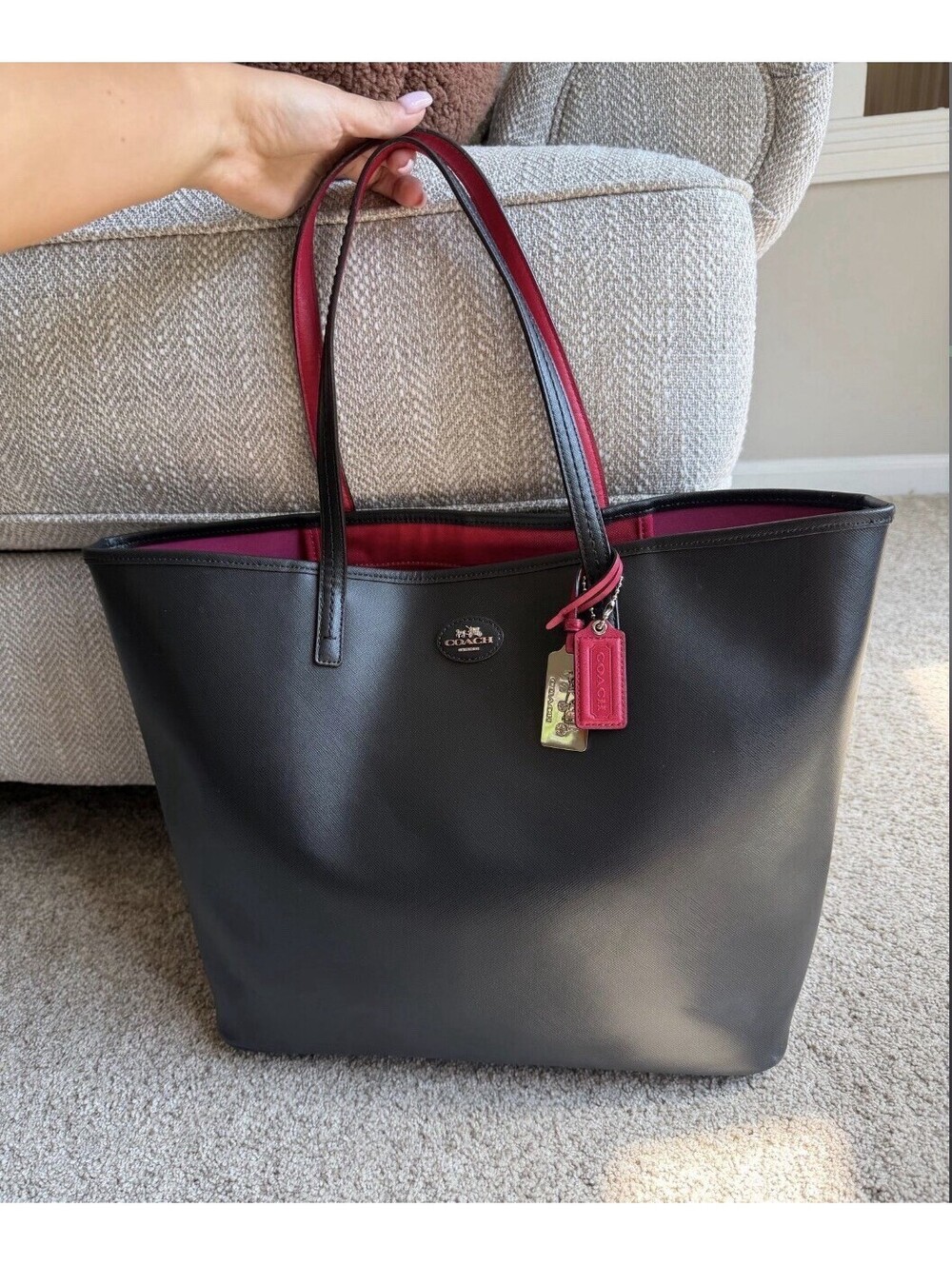 Coach Park Metro Tote 32701 Black Fuchsia Saffiano Leather Shoulder Bag